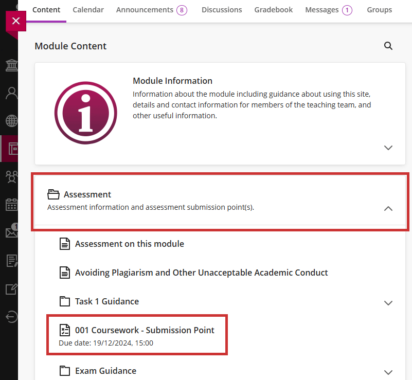 An image of assessment folder in Blackboard